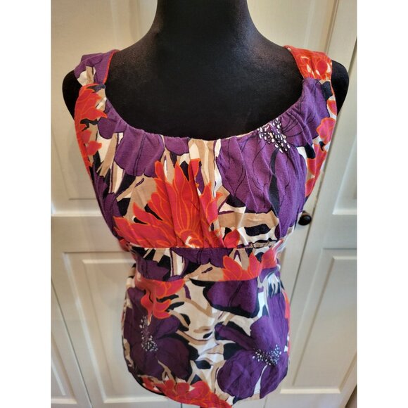 4/$19 Vintage y2k Ann Taylor  Floral Babydoll Tank Sz L Tropical Vacation - Picture 3 of 5